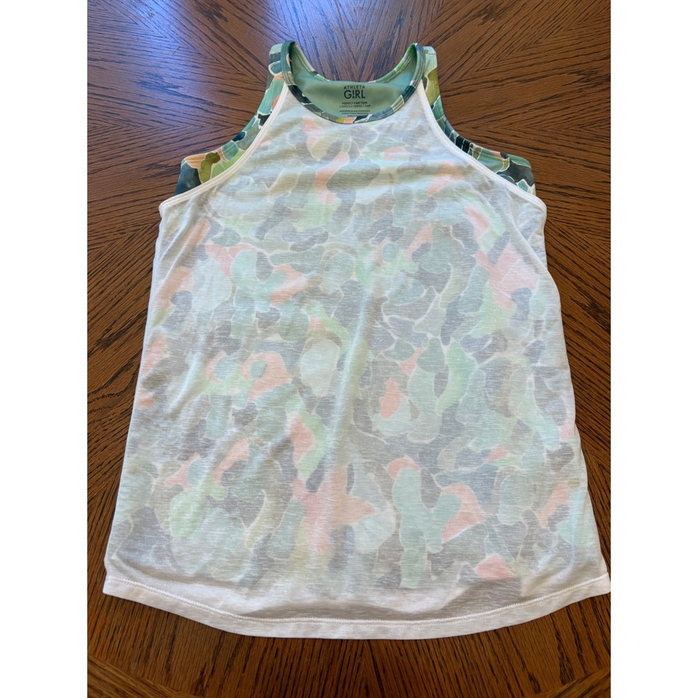 Athleta Girl Perfect Pair Tank Kids XL 14 White Green Floral Camo Layered Top - Picture 2 of 8
